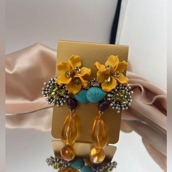 Vibrant Boho Floral and Gemstone Drop Earrings - Picture 4 of 8